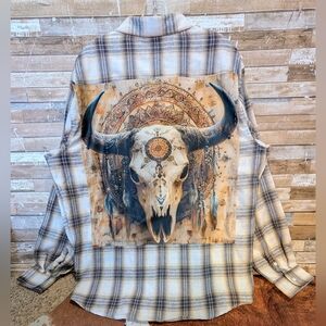 Boho Southwestern Bull Upcycled Flannel Shirt